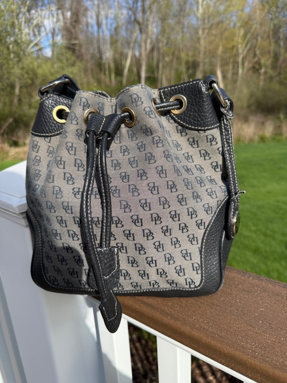 Dooney & Bourke Black and Gray Monogram Drawstring Bucket Bag